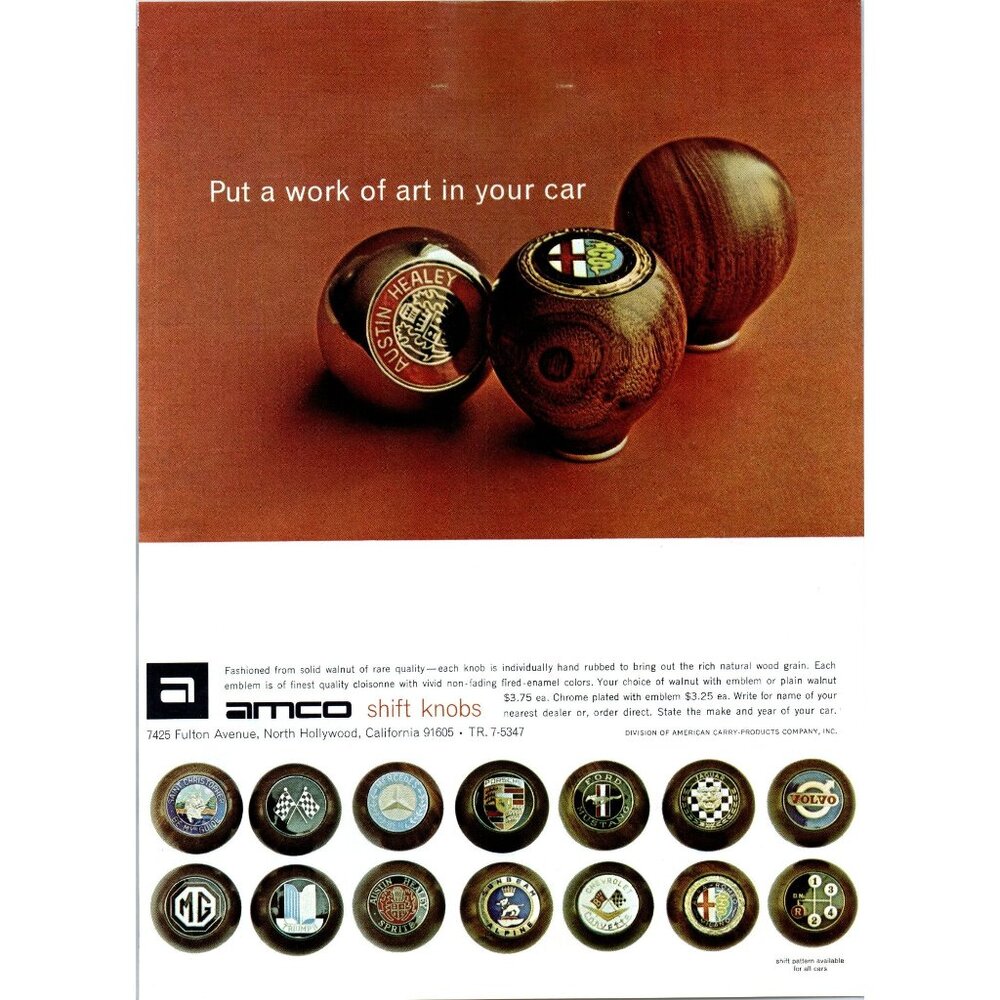 1966 Amco Walnut Shift Knobs Vintage Print Ad Austin Healy Alfa Romeo Wall Art